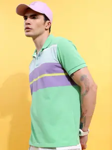 HIGHLANDER Green Colourblocked Polo Collar Slim Fit T-Shirt