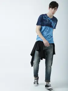 Huetrap Men Blue Printed Round Neck T-shirt