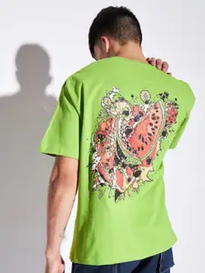 FUGAZEE Green Graphic Printed Drop Shoulder Sleeves Pure Cotton Oversized T-Shirt
