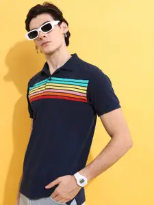 HIGHLANDER Navy Blue Striped Polo Collar Slim Fit T-Shirt