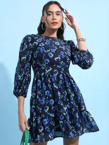 Tokyo Talkies Blue Floral Print Puff Sleeve Fit & Flare Dress