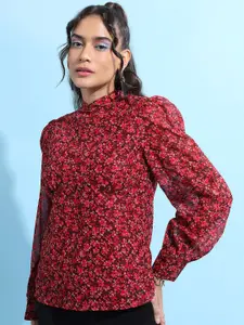 Tokyo Talkies Red & Brown Floral Printed Puff Sleeves Top