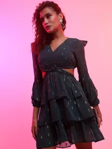 Tokyo Talkies Green Self Design Printed Puff Sleeves Cut-Out Fit & Flare Mini Dress