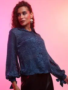 Tokyo Talkies Teal Blue Self Design Shirt Style Top