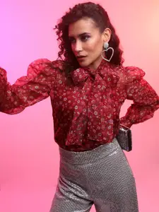 Tokyo Talkies Maroon Floral Printed Regular Top