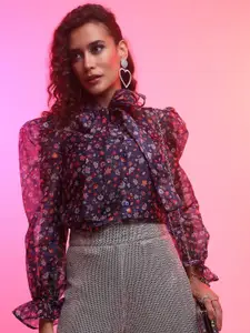 Tokyo Talkies Navy Blue & Red Floral Printed Tie-Up Neck Top