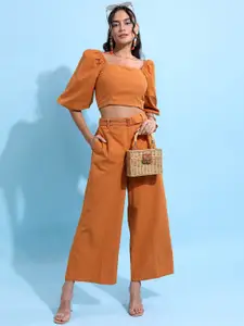 Tokyo Talkies Women Cotton Crop Top with Flared Trousers