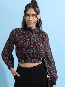 Tokyo Talkies Black Floral Printed High Neck Puffed Sleeves Blouson Crop Top