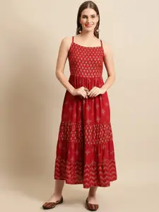 Sangria Maroon Ethnic Motifs Printed Tiered Cotton Ethnic Dress