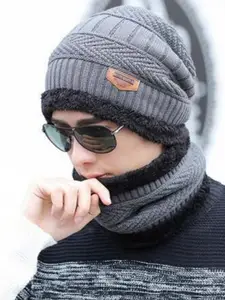Alexvyan Men Self Design Acrylic Snow & Wind proof Beanie & Scarf