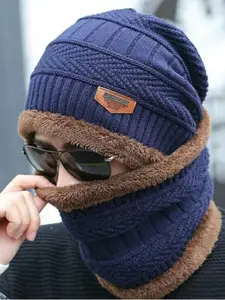 Alexvyan Men Self Design Acrylic Snow & Wind proof Beanie & Scarf