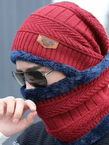 Alexvyan Men Self Design Acrylic Snow & Wind proof Beanie & Scarf