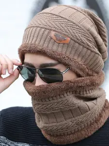 Alexvyan Men Self Design Acrylic Snow & Wind proof Beanie & Scarf