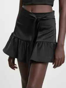 CALLIOPE Solid Satin Finish Tie-Up Mini Flared Skirt