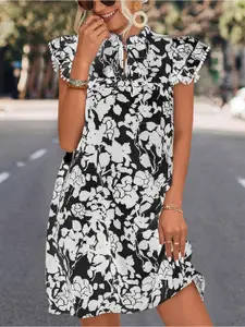 StyleCast Black Floral Printed Tie-Up Neck Flutter Sleeve A-Line Dress