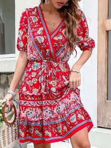 StyleCast Red & Blue Bohemian Printed Layered Wrap Dress