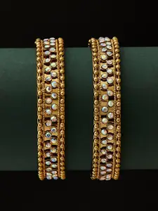ATIBELLE Set Of 2 Gold-Plated & Stone-Studded Textured Bangles