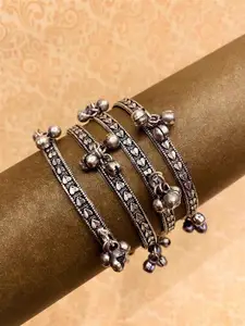 ATIBELLE Set Of 4 Silver-Plated & Ghunghroo Stone-Studded Leaf Shaped Bangles