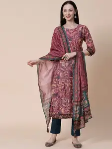 FASHOR Women Rose Gold Floral Printed Sequinned Straight Kurta With Dupatta