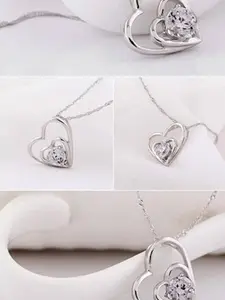 MYKI Silver-Plated CZ-Studded Heart Shaped Pendant With Earrings