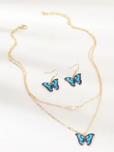 MYKI Gold-Plated Blue Butterfly Necklace Set