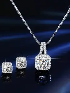 MYKI Silver-Plated CZ Studded & Beaded Pendant With Earrings