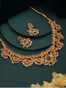 Jazz and Sizzle Gold-Plated Stone-Studded & Beaded Necklace & Earrings
