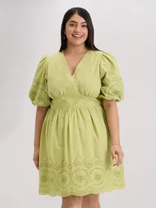 20Dresses Green Self Design Puff Sleeves Cotton Fit & Flare Dress