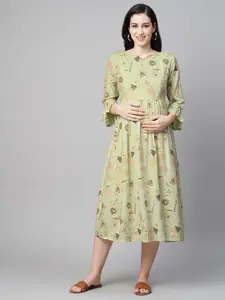 MomToBe Floral Printed Bell Sleeve Maternity A-Line Midi Sustainable Dress
