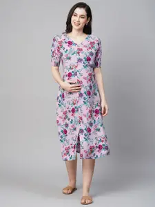MomToBe Floral Printed Smocked Maternity A-Line Midi Sustainable Dress