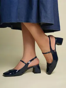 Theater Women Twiggy Blue Brothers Navy Blue Mary Jane Slingback Block Heels