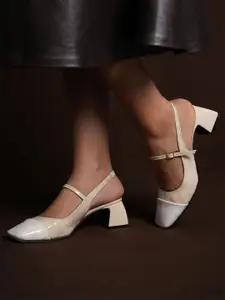 Theater Women Twiggy Club Paradise White & Beige Mary Jane Slingback Block Heels