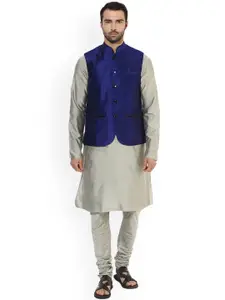 KISAH Men Grey & Navy Blue Solid Kurta Waistcoat with Churidar