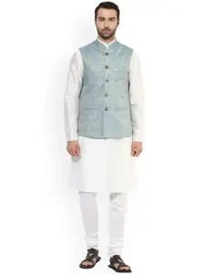 KISAH Men White & Blue Solid Kurta Waistcoat with Churidar