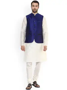KISAH Men Off-White & Navy Blue Solid Kurta Waistcoat with Churidar