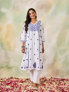 HOUSE OF KARI Floral Printed Flared Sleeves Mirror Work Handloom Kurta