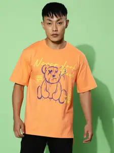 VEIRDO Orange Graphic Printed Oversized Cotton Casual T-Shirt
