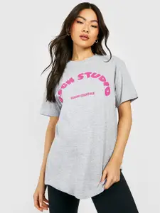 Boohoo Melange Effect Typography Printed Drop-Shoulder Sleeves Cotton Oversized T-shirt