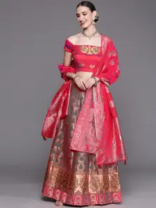 Chhabra 555 Red & Grey Woven Design Semi-Stitched Lehenga & Unstitched Blouse With Dupatta