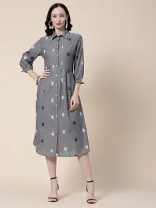 FASHOR Grey Melange Printed Cotton Shirt Midi Dress