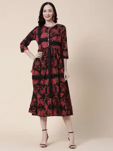 FASHOR Black Floral Printed A-Line Cotton Midi Dress