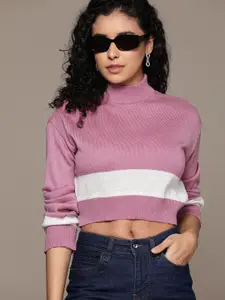 The Roadster Lifestyle Co. Acrylic Striped Boxy Crop Pullover