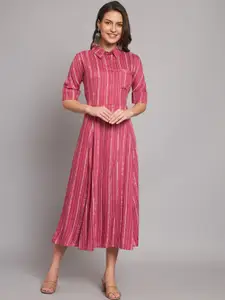 HELLO DESIGN Striped Shirt Collar A-Line Midi Dress