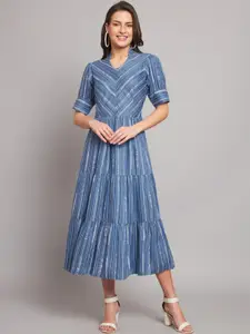 HELLO DESIGN Striped Shirt Collar Fit & Flare Midi Dress