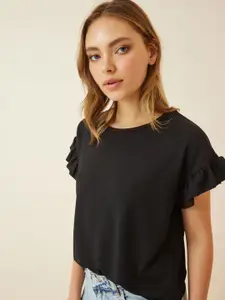 Happiness istanbul Extended Sleeves Ribbed Ruffles Detail Boxy Top