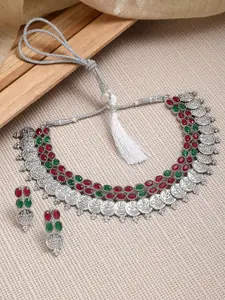 ZENEME Silver-Plated & Kundan-Studded Necklace & Earrings