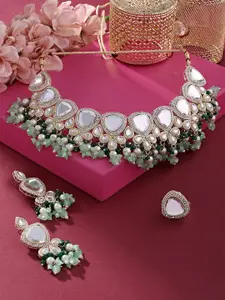 Zaveri Pearls Gold-Plated Kundan Stone-Studded & Beaded Necklace & Earrings With Ring