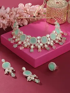 Zaveri Pearls Gold-Plated Stone-Studded & Cluster Choker Necklace & Earrings With Ring