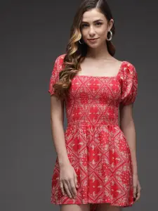 BAESD Ethnic Motifs Printed Puff Sleeves Smocked Fit & Flare Dress