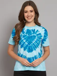The Dry State Turquoise Blue & Blue Colour Tie & Dye Dyed Cotton Loose Fit T Shirt